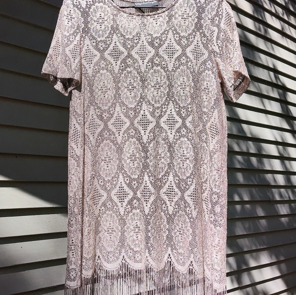 Short Sleeve Lace Fringe Brown Tunic Mini Dress Sz M Boho Flapper Festival Vtg
